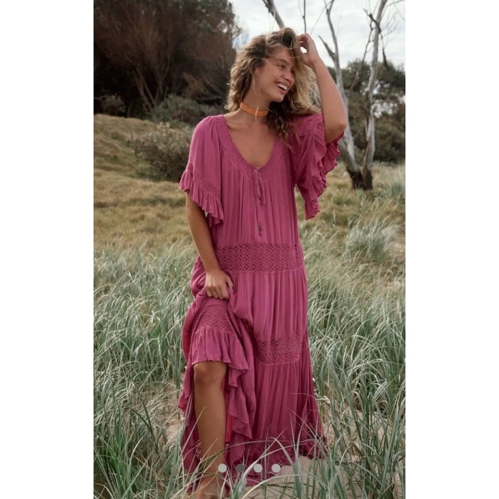 Free People Dream On Maxi Dress XS Pink Crochet Lace Tiered Boho Peasant Ruffle